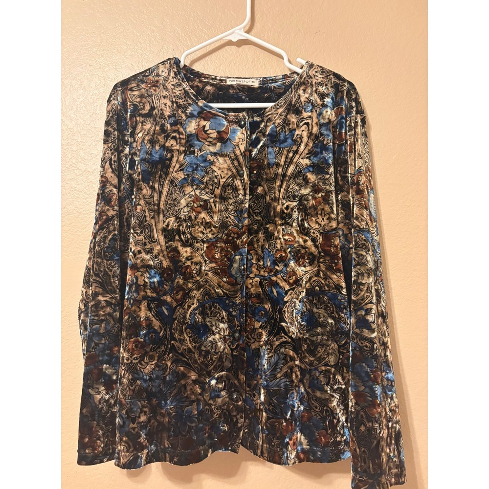 Notations Womens XL Blue Brown Paisley Floral Velvet Button Front Cardigan Top